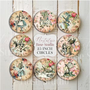 Alice in Wonderland Clocks, 2.5 inches, Printable Clocks, Bottle Caps, Stickers, INSTANT DOWNLOAD Collage sheet , Mad Hatter Tea Party