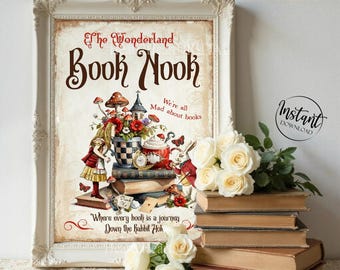 Printable Alice in Wonderland Book Nook Print | Home Library Wall Art, Bookish Print