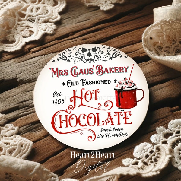 Mrs Claus Hot Chocolate Circle Tags DIY Gift Labels 2.5 inches Printable Images Bottle Caps Stickers INSTANT DOWNLOAD Collage sheet