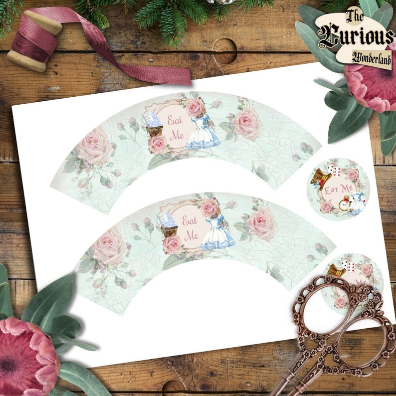 Alice in Wonderland Cupcake Wrappers Printable Cake Wraps Wonderland Party Decorations INSTANT DOWNLOAD Alice Wrappers