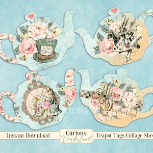Alice in Wonderland Teapot Collage Sheet - Tags. ATC, Journal Cards, Digital Image, Scrapbook Cards, Printable Download, ACEO, Digital Cards