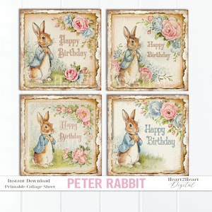 Vintage Style Peter Rabbit 4" Square Toppers, Junk Journals, Digital Birthday Cards, Scrapbooking & Cardmaking Supplies