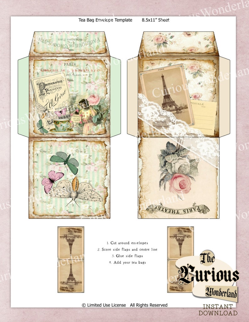 Shabby Chic Paris Tea Bag Envelope and Label Collage Sheet | Etsy