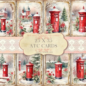 May include: A collage of eight ATC cards featuring watercolor illustrations of red post boxes in snowy winter scenes. Each card showcases a different view with houses, trees, and poinsettias. Text on the image reads "2.5 X 3.5 ATC CARDS DIGITAL DOWNLOADS".