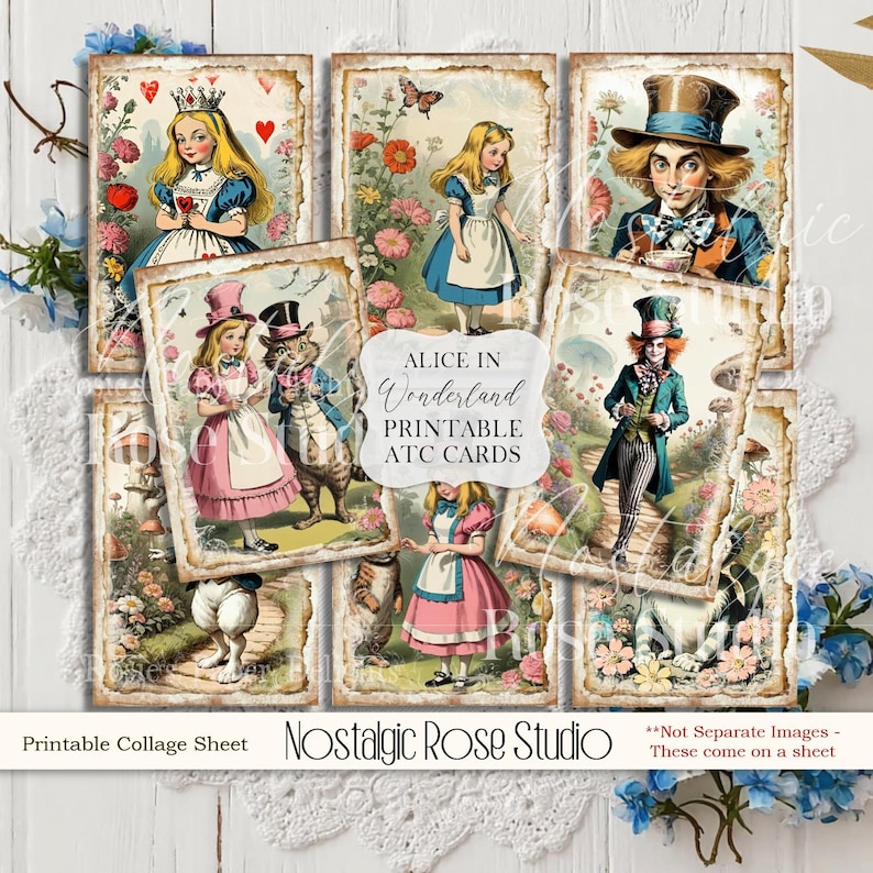 Vintage Alice in Wonderland Collage Sheet ATC Journal Cards, Digital Image, Scrapbook Cards, Printable Download, ACEO, Digital Cards, image 1