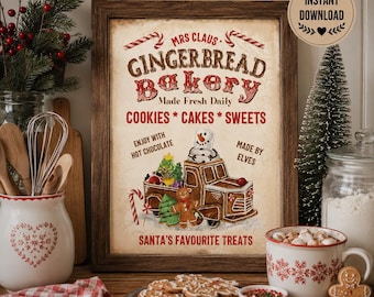 Christmas Gingerbread Bakery Sign - Digital Instant Download - Christmas Wall Art - Gingerbread Sign - Santa Sign