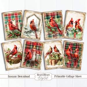 Tartan Christmas Cardinal Birds Collage Sheet, Tags, Journal Cards, Digital Image, Scrapbook Cards, Printable Download, ACEO, Digital Cards