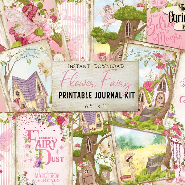 Fairy Junk Journal Fairies Floral Pack Digital Download Tags  Kit Printable Shabby Chic Journal Pink Roses Envelopes Fairy House