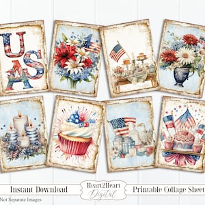 4th of July Journal Cards Collage Sheet, Patriotic Cards, America Journal, Junk Journal, ATC ACEO, Digital Cards