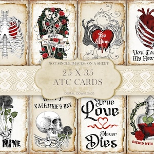 Peut inclure: Ensemble de cartes ATC de style vintage sur les thèmes gothique et de la Saint-Valentin. Les cartes présentent des illustrations de squelettes, de cœurs, de roses et des phrases comme "Be Mine" et "True Love Never Dies". Chaque carte mesure 6,35 x 8,89 cm.