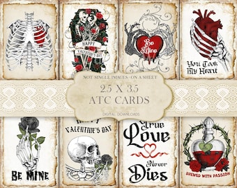 May include: A collection of vintage-style ATC cards with gothic and Valentine's Day themes. The cards feature illustrations of skeletons, hearts, roses, and phrases like "Be Mine" and "True Love Never Dies." Each card measures 2.5 x 3.5 inches.