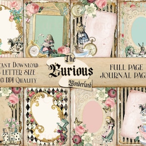 Shabby Chic Alice in Wonderland Full Page Junk Journal Pages Printable, Digital Journal Kit Tattered Scrapbook Paper Vintage Paper