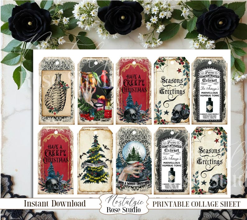 Diario navideño con calavera gótica, imprimible, diario gótico, kit de diario digital, papel para álbum de recortes, descarga digital para manualidades, espeluznante imagen 5