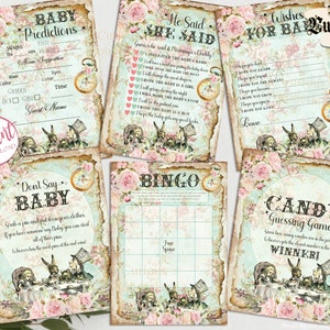 Shabby Chic Alice in Wonderland Baby Shower Games - Printable Games - Bingo - Don't Say Baby - He Said She Said - Candy Game - Baby Wishes