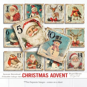 May include: Printable collage sheet featuring 14 vintage Christmas images. The images depict Santa Claus, a snowman, a deer, a robin, and a snow globe. The images are numbered 1 to 14. The sheet is titled "Christmas Advent".