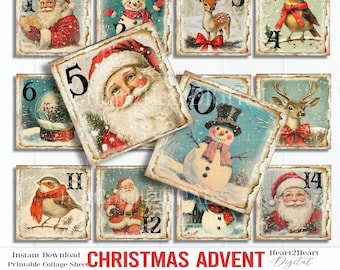 Vintage Weihnachts-Adventsquadrate, Weihnachts-Countdown, Dezemberkalender, Digital, Collage Sheet, druckbare Etiketten, digitale Bilder,