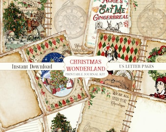 Alice in Wonderland Christmas Junk Journal, Printable, Digital Journal Kit, Tattered Scrapbook Paper, Vintage Paper, Digital Download Craft