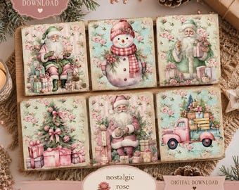 Shabby Chic Pink Christmas 2" Squares, Digital Collage Sheet, Printable Labels, Christmas Tags,  Digital Images, Scrapbooking, Craft, 2x2