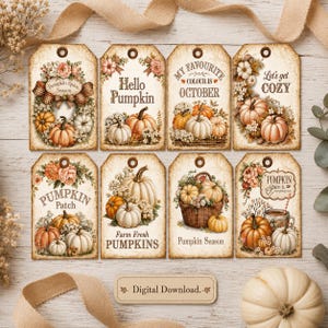 May include: Eight rectangular paper gift tags featuring vintage-style illustrations of pumpkins, flowers, and autumn foliage. Each tag includes text such as Hello Pumpkin, My Favourite Colour is October, Let's get cozy, and Pumpkin Patch.