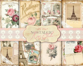 Shabby Chic Paris Journal Paper Pack Digital Download Vintage French Ephemera Floral Scrapbook Pages Eiffel Tower Background Papers