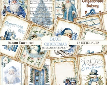 Shabby Chic Blue Santa Christmas Mini Junk Journal Pages, Printable Journal Papers, Journal Kit, Tattered Scrapbook Paper Digital Download