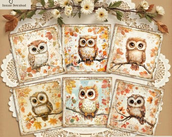 Autumn Owl Card Topper ATC Collage Sheet, Journal Cards, Digital Image, Scrapbook Cards, Printable Download, Digital Cards, Embellishments