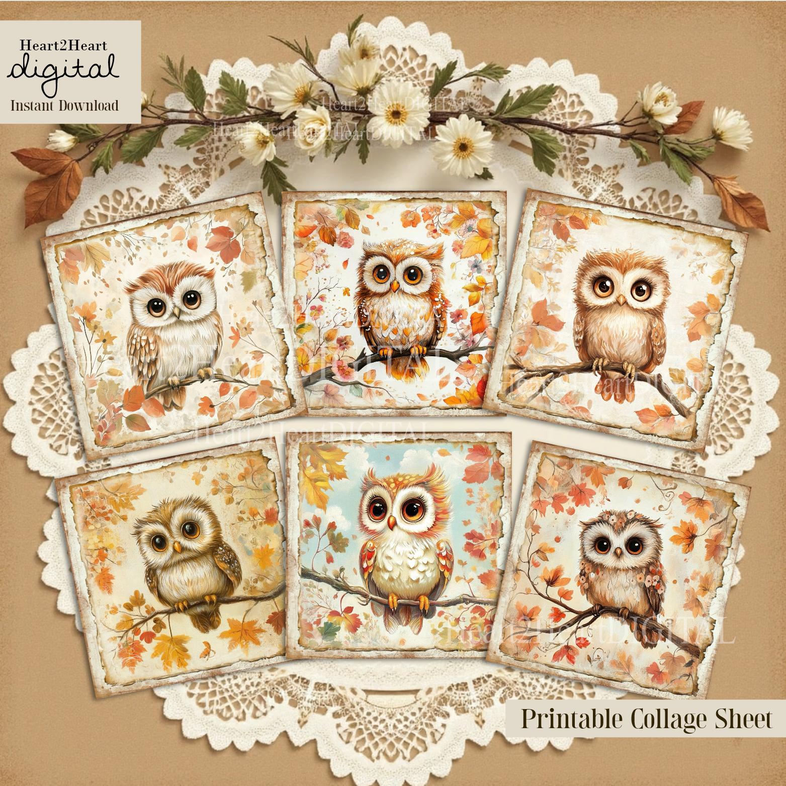 Autumn Owl Card Topper ATC Collage Sheet, Journal Cards, Digital Image, Scrapbook Cards, Printable D