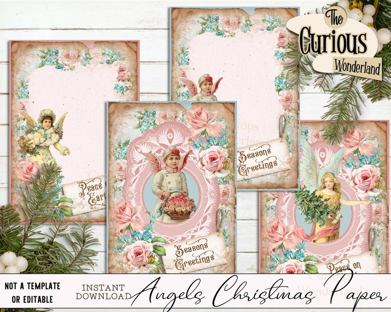 Victorian Christmas Angel Paper Pack A4 Blush Pink Shabby Chic Backgrounds Scrapbook Journal Papers