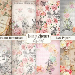 Alice in Wonderland  Digital Paper Pack, Scrapbooking paper, White Rabbit, Tea Party, Mad Hatter, Journal Cards, Collage Sheet, Background