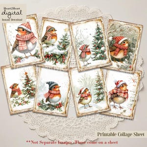Winter Christmas Robins Collage Sheet, Tags, Bird Journal Cards, Digital Image, Scrapbook Cards, Printable Download, ACEO, Digital Cards