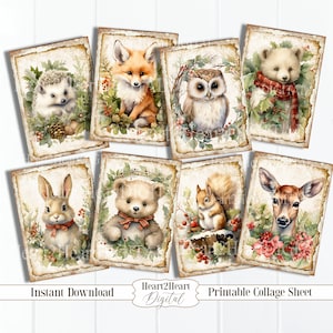 Christmas Woodland Animals Collage Sheet, Tags, Journal Cards, Digital Image, Scrapbook Cards, Printable Download, ACEO, Digital Cards