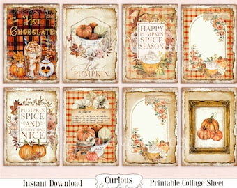 Pumpkin Spice Fall Collage Sheet, Retro Halloween, Journal Cards, Digital Image, Scrapbook Cards, Printable Download, ACEO, Digital Cards