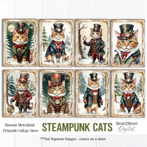 Steampunk Christmas Cats Collage Sheet, Tags, Junk Journal Cards,, Scrapbook Cards, Printable Download, ATC, Christmas Cats Cards