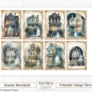 Op de afbeelding: Printbare collage-sheet met acht afbeeldingen van spookachtige, vintage-stijl huizen met geesten. Elk huis heeft een andere kleur en een uniek ontwerp. De huizen zijn geplaatst tegen een donkere achtergrond met een maan en sterren.