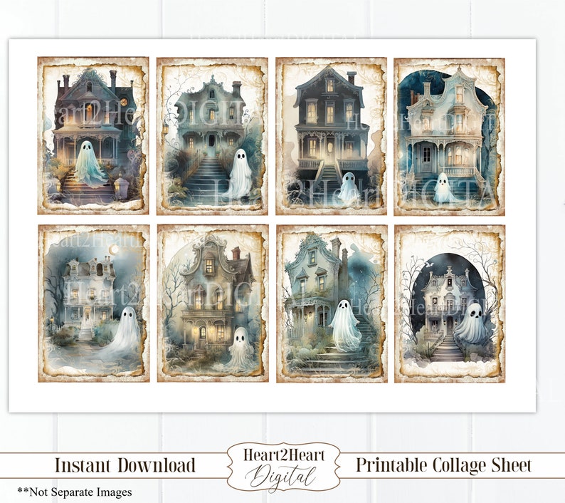 Op de afbeelding: Printbare collage-sheet met acht afbeeldingen van spookachtige, vintage-stijl huizen met geesten. Elk huis heeft een andere kleur en een uniek ontwerp. De huizen zijn geplaatst tegen een donkere achtergrond met een maan en sterren.