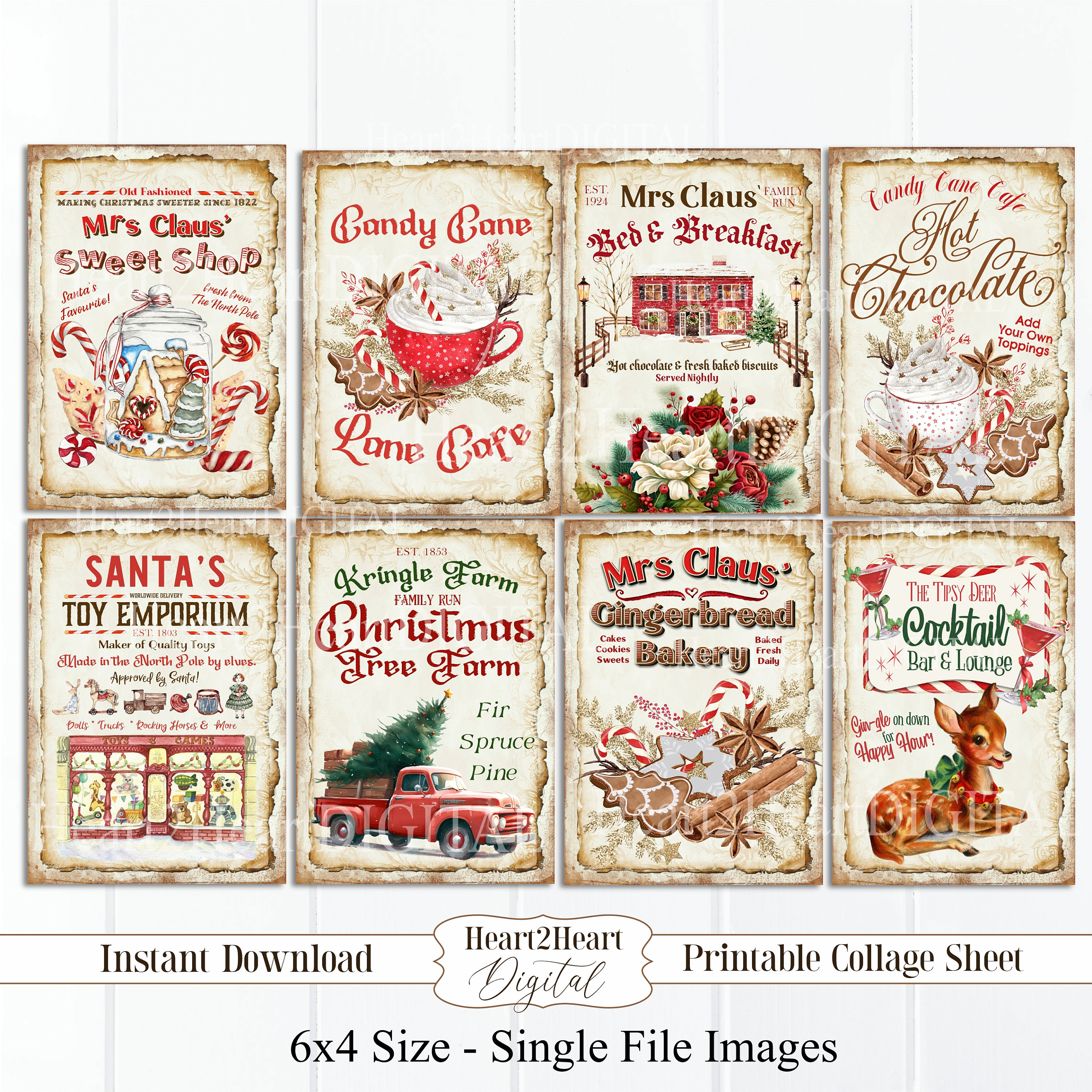 コラージュジャーナル*『』 Vintage Mrs Claus Christmas 6x4 Signs Collage Sheet, Journal Cards