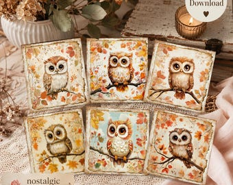 Autumn Owl Card Topper ATC Collage Sheet, Journal Cards, Digital Image, Scrapbook Cards, Printable Download, Digital Cards, Embellishments