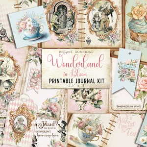 Shabby Chic Floral Alice in Wonderland Junk Journal Pages Printable, Digi Kit Journal Kit Scrapbook Paper Vintage Paper, Digital Download