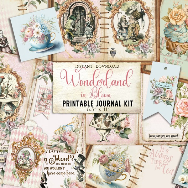 Shabby Chic Floral Alice in Wonderland Junk Journal Pages Printable, Digi Kit Journal Kit Scrapbook Paper Vintage Paper, Digital Download