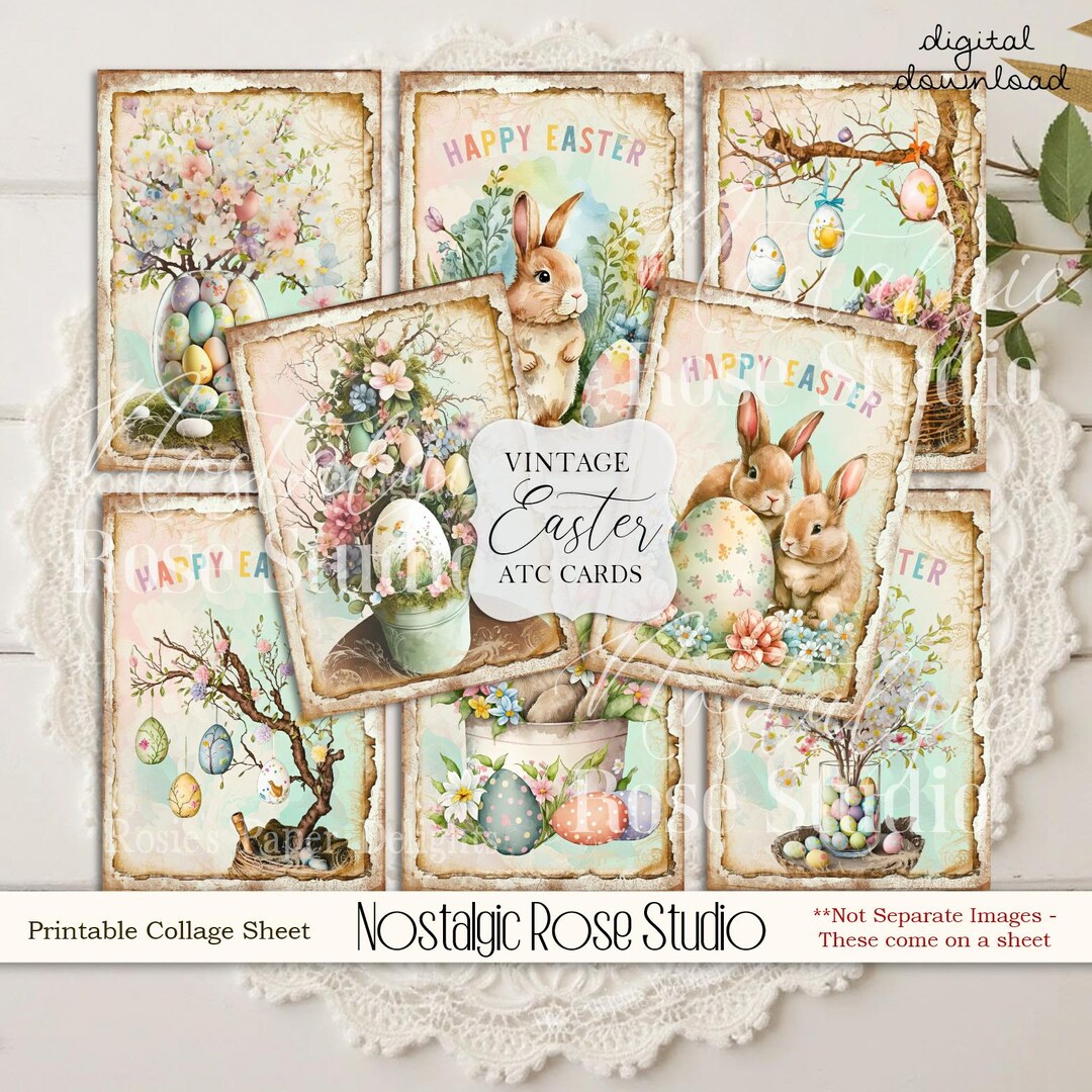 Vintage Easter Bunny Printable Collage Sheet for ATC Cards, Happy ...