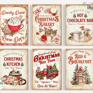 May include: Set of six printable Christmas signs featuring festive illustrations and text. The signs include "Candy Cane Lane Cafe", "Christmas Bakery", "Hot Chocolate Bar", "Christmas Kitchen", "Christmas Tree Farm", and "Bed & Breakfast".