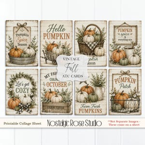 May include: A collage sheet featuring vintage-style fall-themed art. The images include pumpkins, text like "Hello Pumpkin" and "Pumpkin Spice Season," and decorative elements. The overall color palette is warm, with orange, green, and cream tones.
