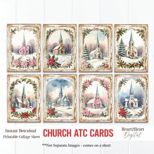 May include: A printable collage sheet of eight vintage-style Christmas cards featuring snowy church scenes. Each card has a different design with a church, trees, and snow. The cards are framed with a decorative border.