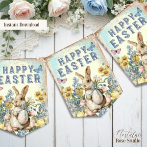 May include: A decorative Easter banner with a vintage aesthetic. Each pennant displays a bunny holding an egg, set amongst flowers and butterflies, with the words "Happy Easter" in blue.