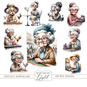 Funny Old Ladies Clipart PNG Bundle, Elderly Clipart, Funny Grandma PNG, Funny Old People at Casino, Sublimation Images, Digital Download