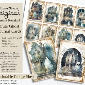 Digital Halloween Collage Sheet, Cute Ghost Journal Cards, Haunted House Tags Digital Image, Scrapbook Cards, Printable Download, ACEO