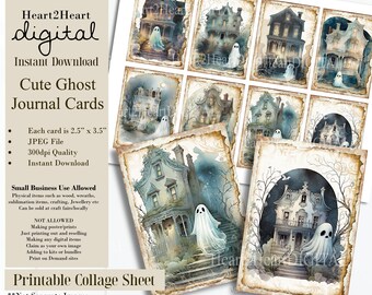 Digital Halloween Collage Sheet, Cute Ghost Journal Cards, Haunted House Tags Digital Image, Scrapbook Cards, Printable Download, ACEO