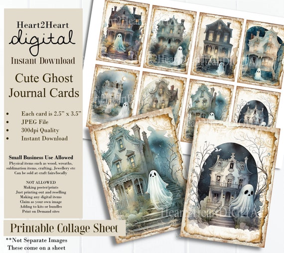 Digital Halloween Collage Sheet, Cute Ghost Journal Cards, Haunted House Tags Digital Image, Scrapbook Cards, Printable Download, ACEO
