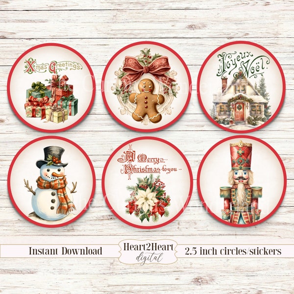 Vintage Christmas Santa Snowman Circle Tags DIY Gift Labels 2.5 inches Printable Images Bottle Caps Stickers INSTANT DOWNLOAD Collage sheet