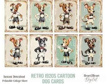 Funny Retro Cartoon Mascot Dogs ATC Cards, ACEO Cards, Printable Dog Collage Sheet, Digital Download, Junk Journal Craft Supplies